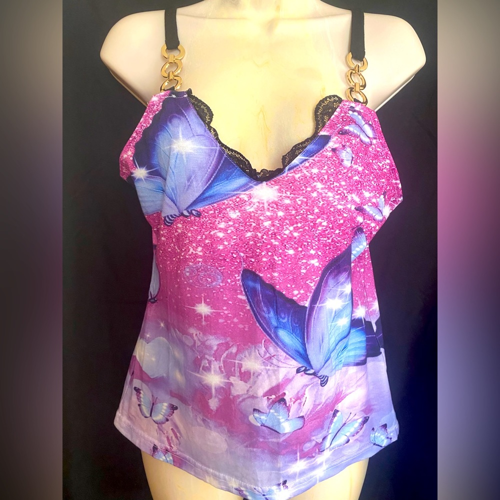 Pink, purple, and blue top with black lace trim & black straps Sz. Medium, NWOT